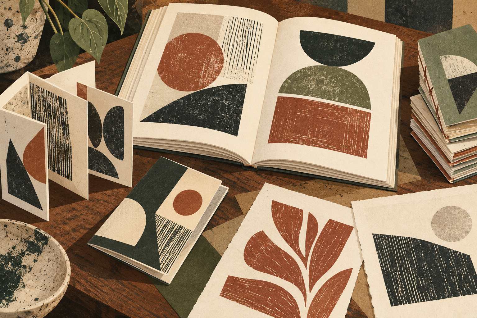 Illustration of an open artist book, folded zines and loose abstract prints arranged on a wooden table.