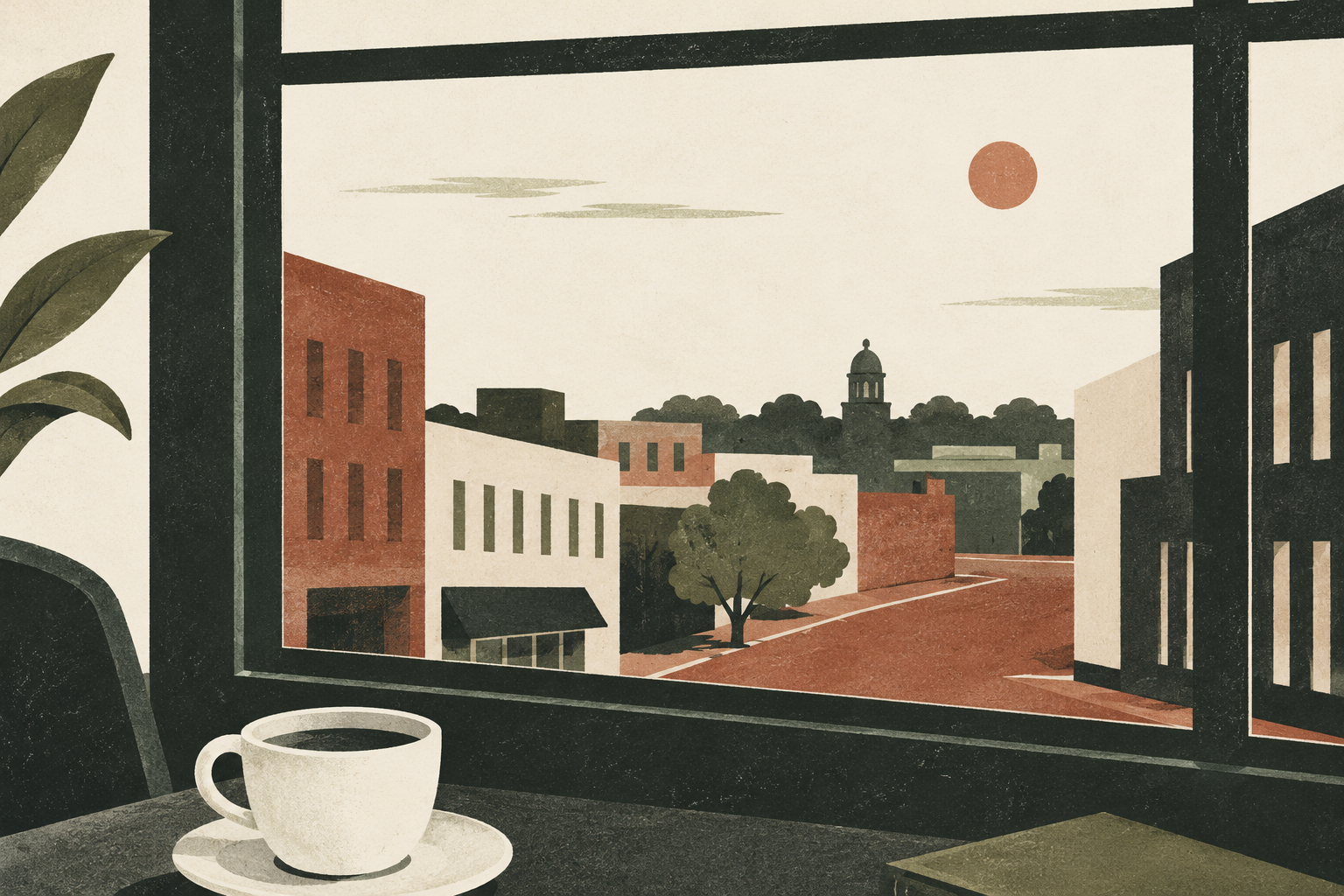 Illustration of a coffee cup beside a window overlooking brick buildings, trees and a curving road.