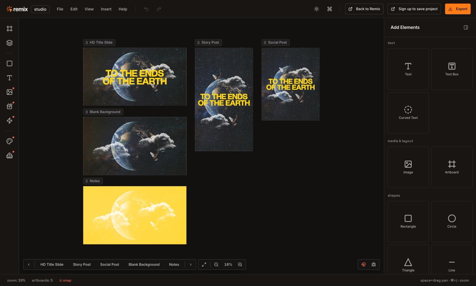 Remix Studio editor showing a sermon series as an HD title slide, story post, social post, blank background and notes slide