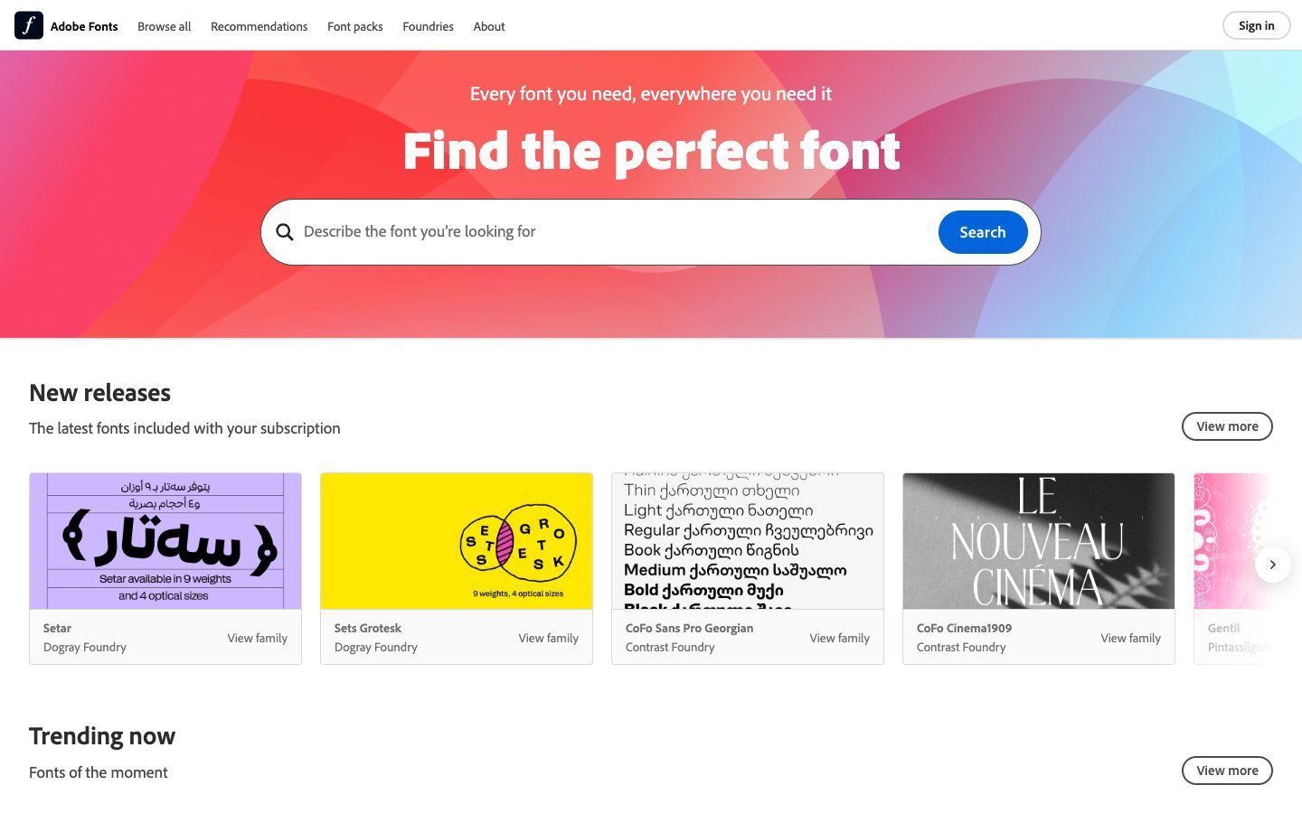 Adobe Fonts website homepage