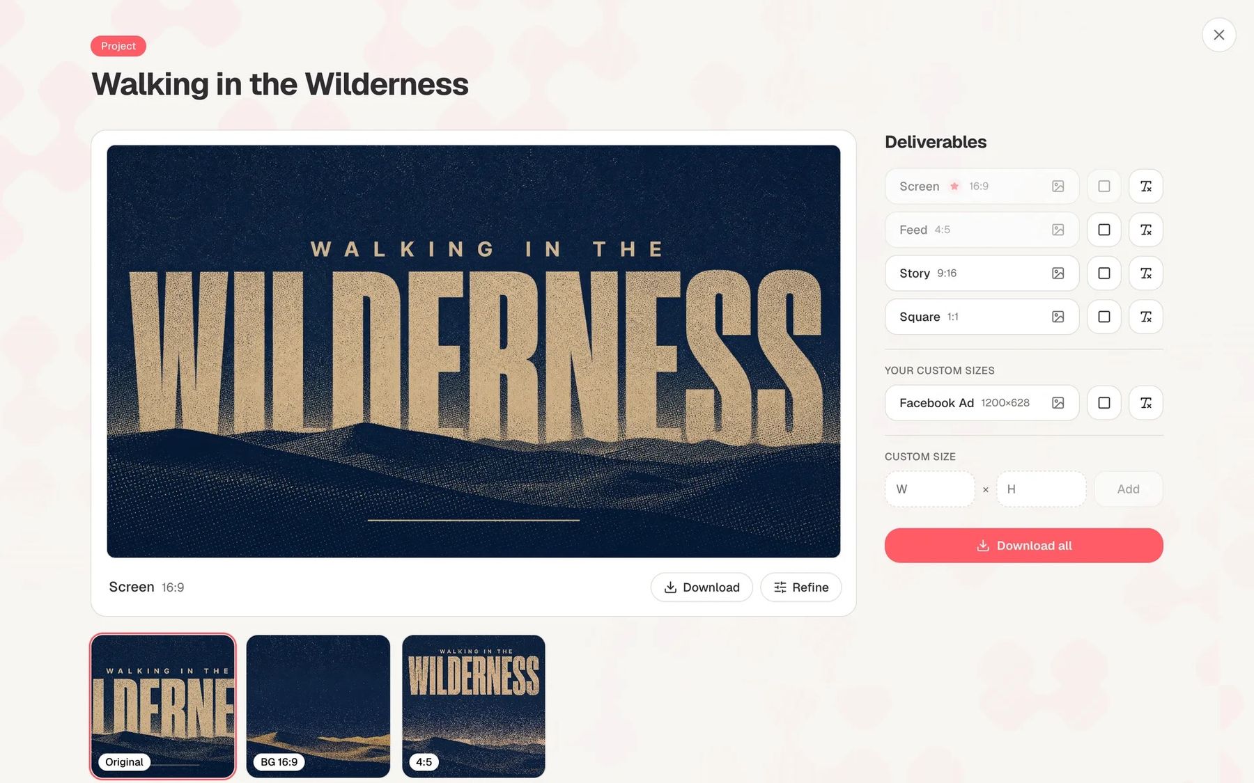 A finished Walking in the Wilderness sermon series project in ChurchCreate with screen, feed, story, square and custom sizes listed beside a Download all button