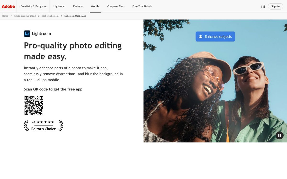Lightroom for Mobile website homepage