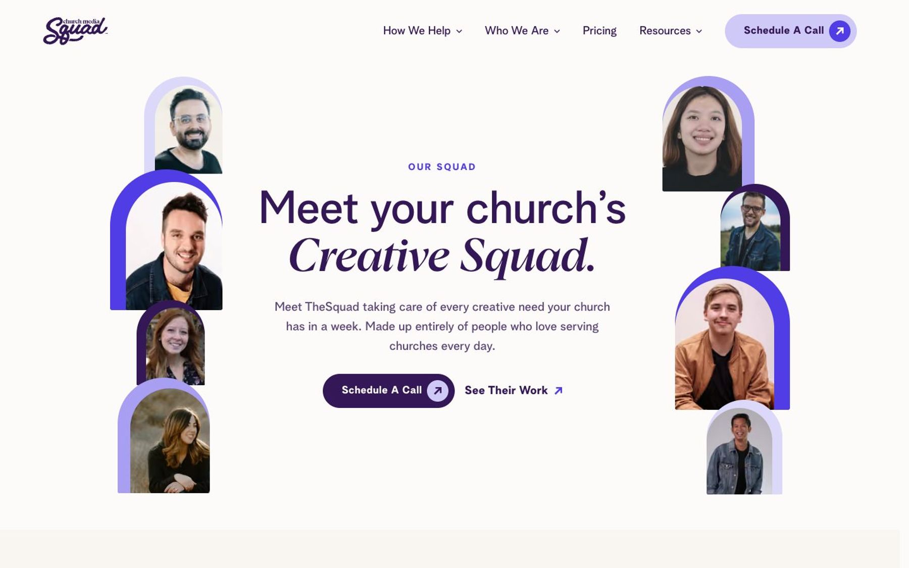 Church Media Squad's Our Squad page with photos of the designers, editors and account managers