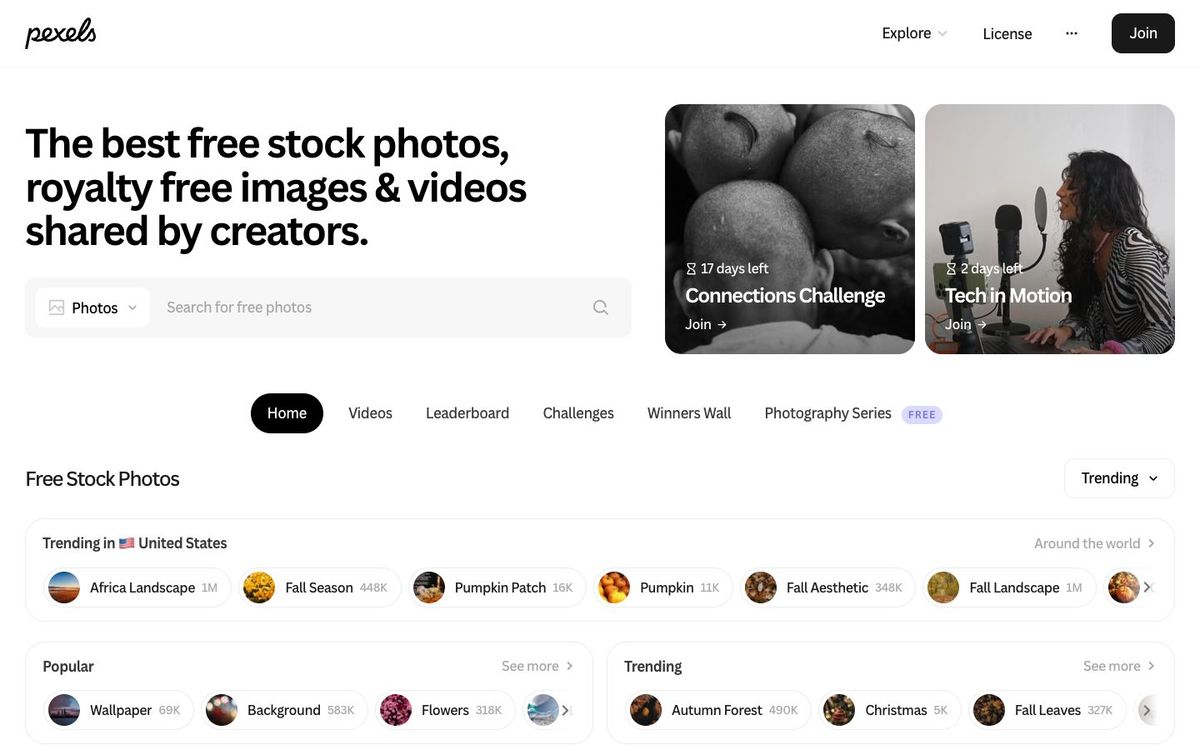Pexels website homepage