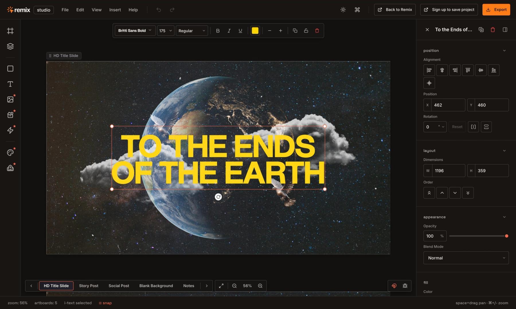 Remix Studio zoomed in on the HD title slide with the series title selected and the properties panel open