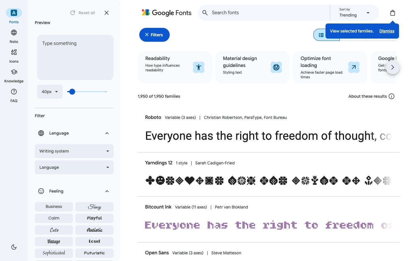 Google Fonts website homepage