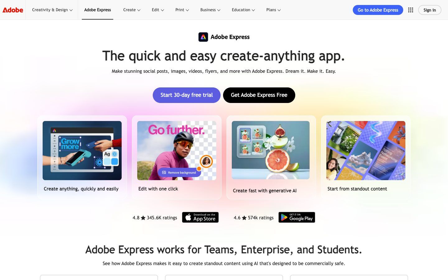 Adobe Express website homepage