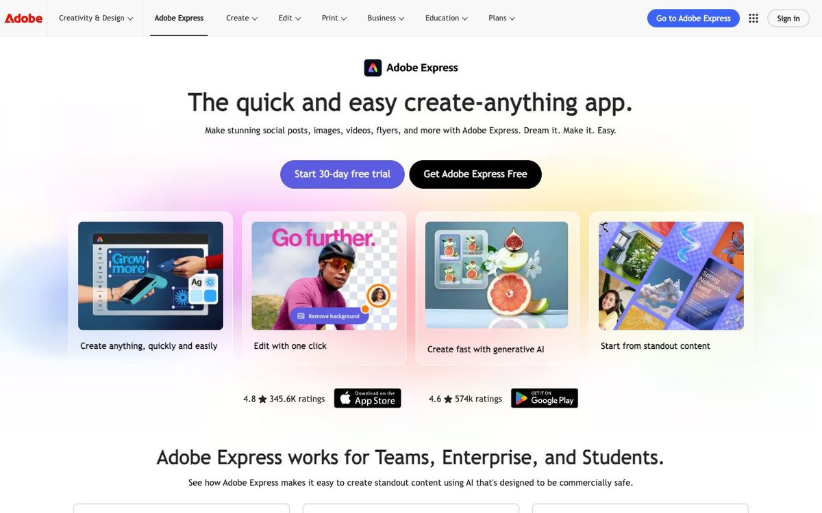 Adobe Express website homepage