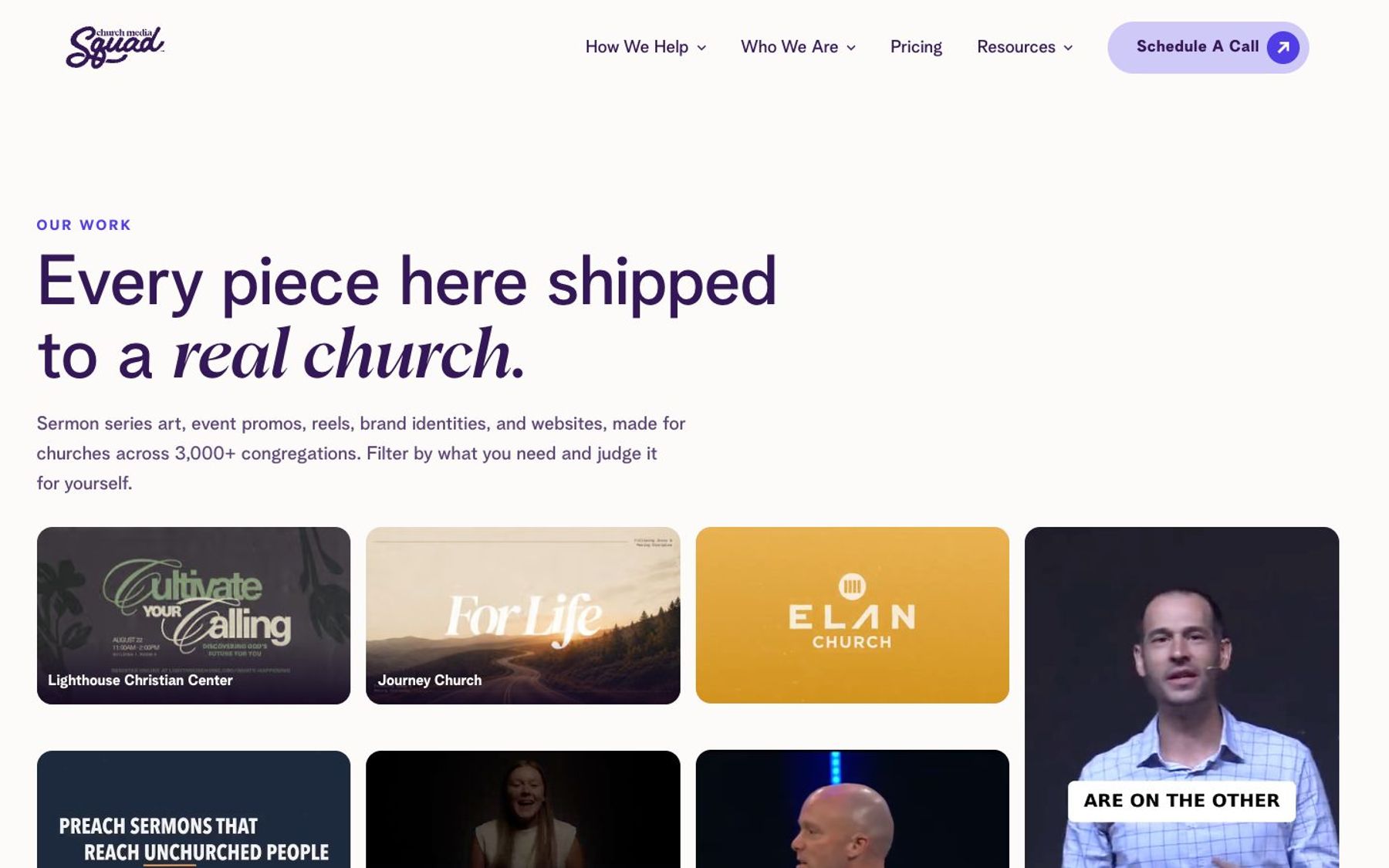 Church Media Squad's Our Work page showing sermon series art, a church logo and sermon videos made for real churches