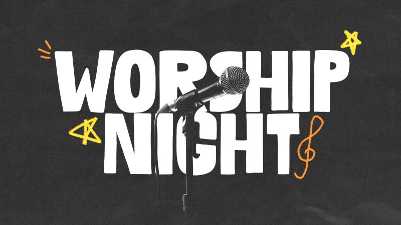 Worship Night title slide: bold white lettering with a microphone and hand-drawn yellow stars on a dark background