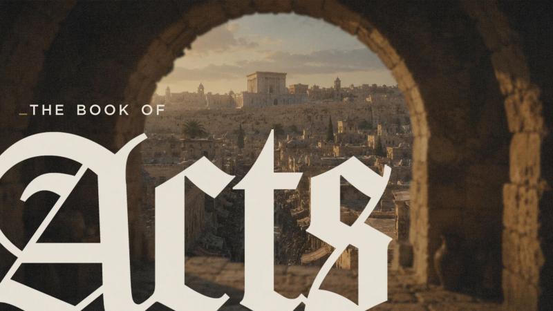 The Book of Acts title slide: large white blackletter lettering in front of a stone archway looking out over an ancient city