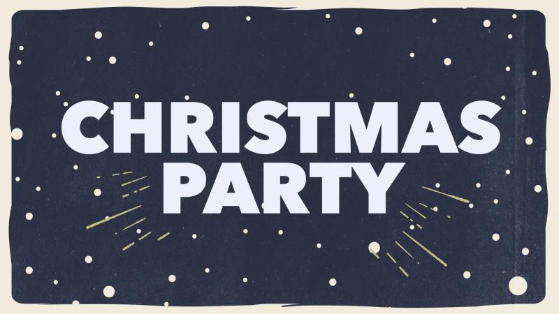 Christmas Party title slide: bold white lettering on a navy background with falling snow