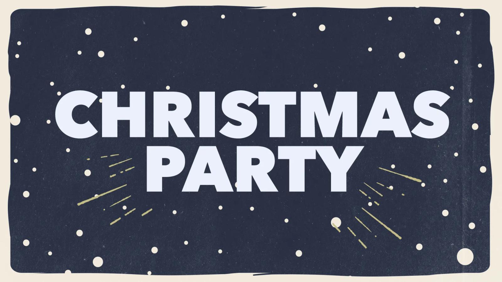 Christmas Party title slide: bold white lettering on a navy background with falling snow