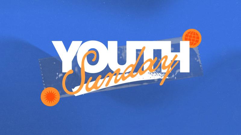 Youth Sunday title slide: bold white Youth lettering with orange script Sunday and orange stickers on a bright blue background