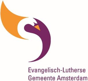 Logo of the Evangelisch-Lutherse Gemeente Amsterdam featuring a stylized, abstract swan formed by a sweeping orange wing and a purple body, with the organization's name printed below in purple text.