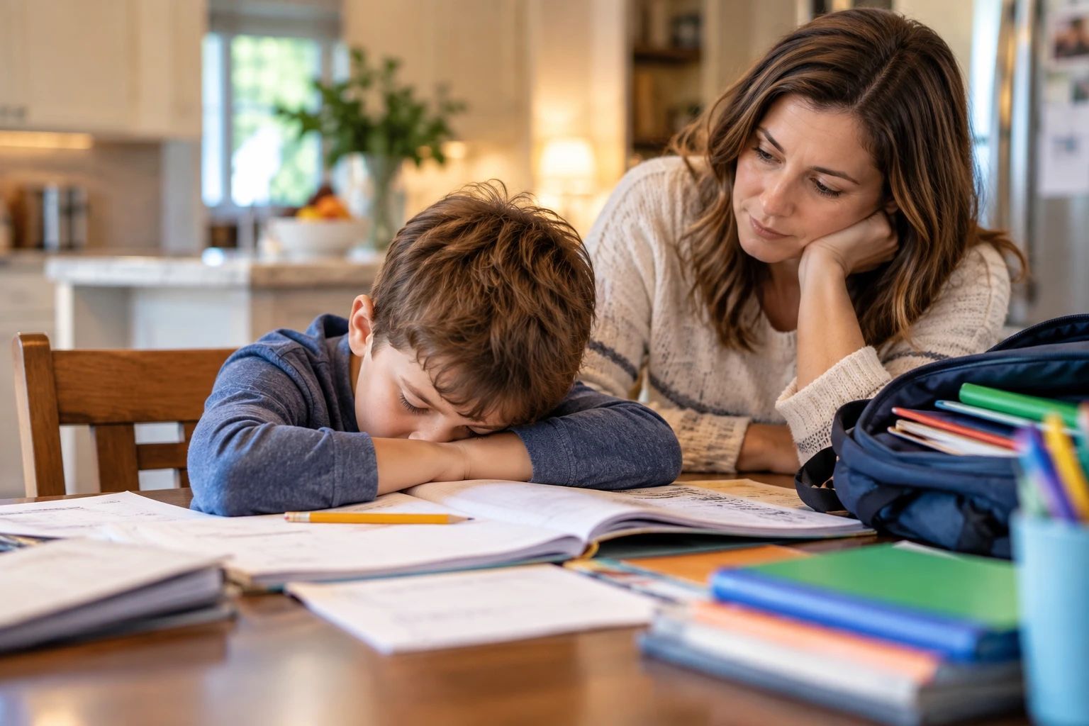 A boy rests his head on his arms over unfinished homework at the kitchen table while his mother sits beside him, looking concerned.