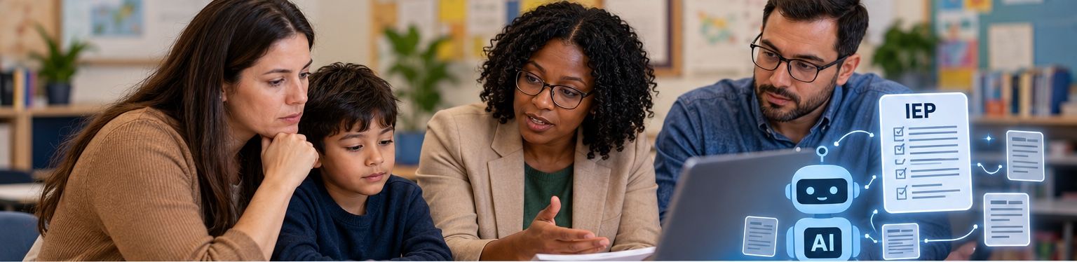 A mother and her son sit with a teacher and a school staff member around a laptop, with a graphic of an IEP document and an AI robot icon beside the screen.