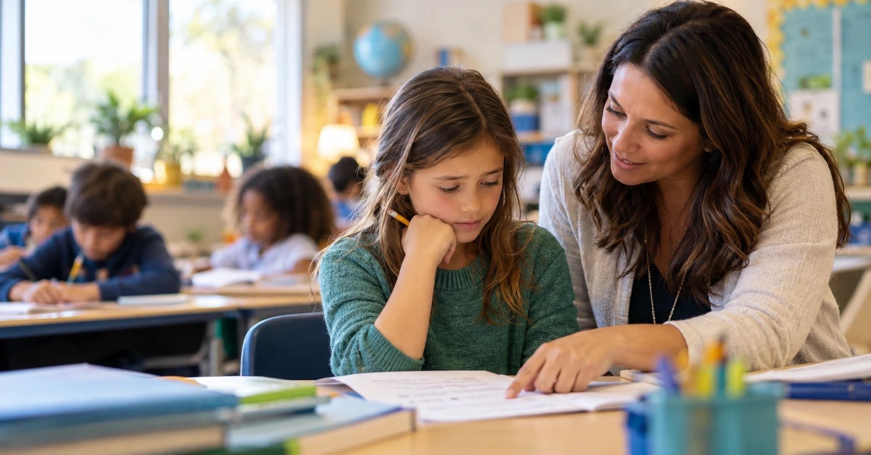 A teacher sits beside a student at her classroom desk, pointing to a worksheet as the student looks down at it, thinking.