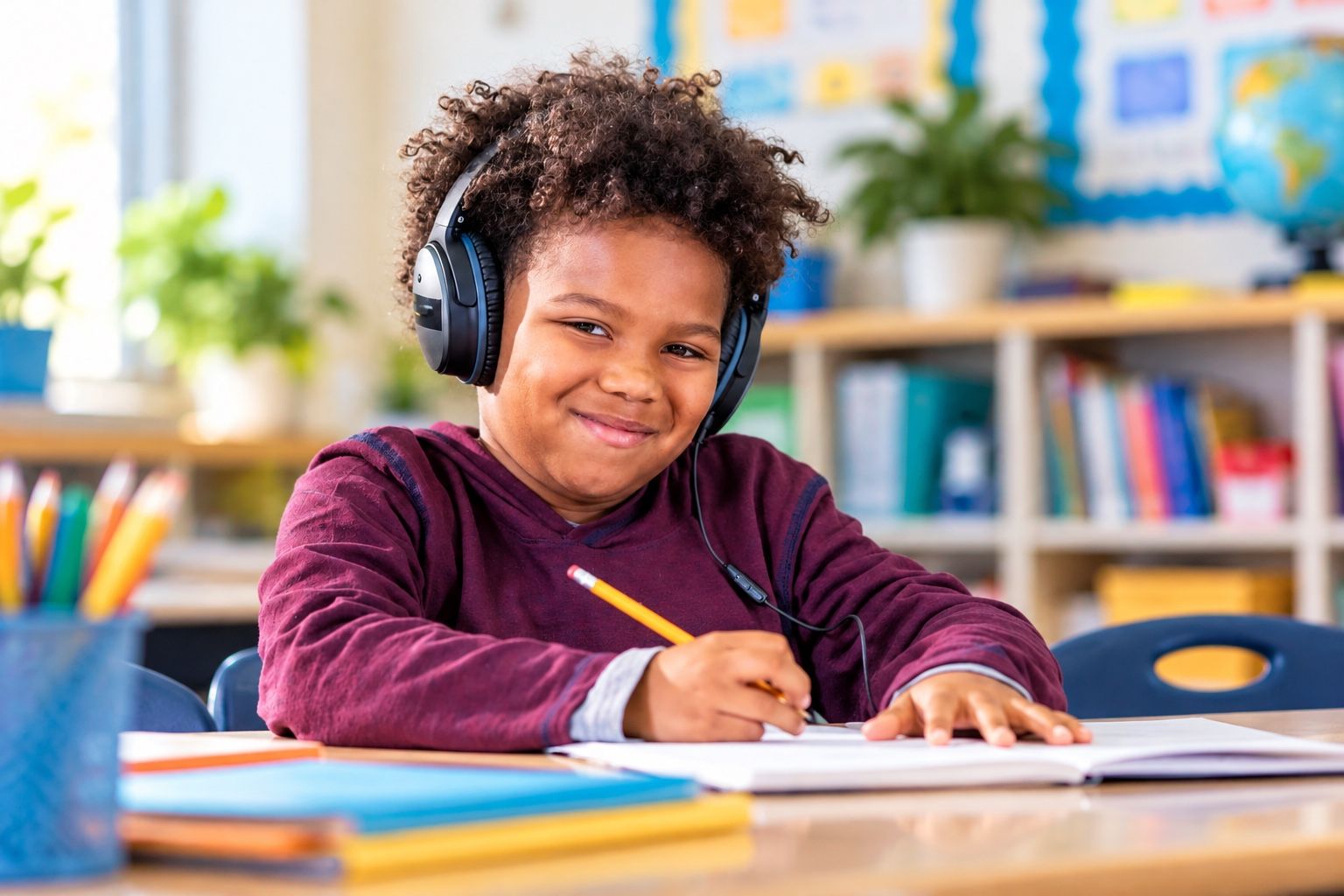Student wearing headphones while completing classroom work