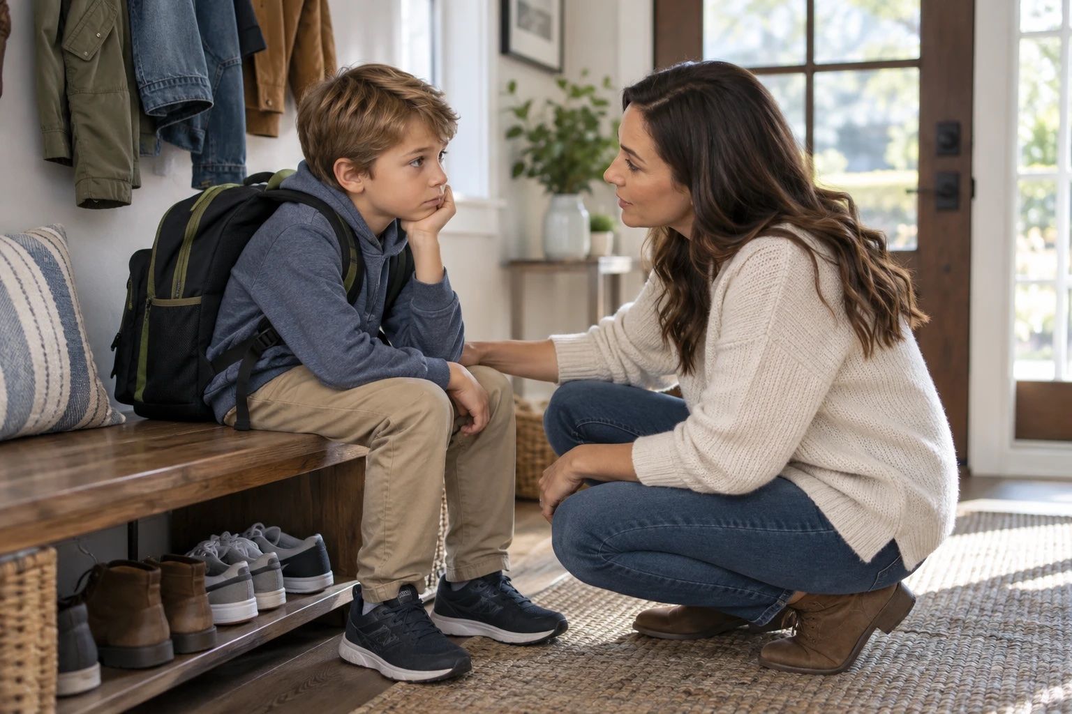 A parent listening supportively to a child who is struggling with schoolwork several weeks into the school year.