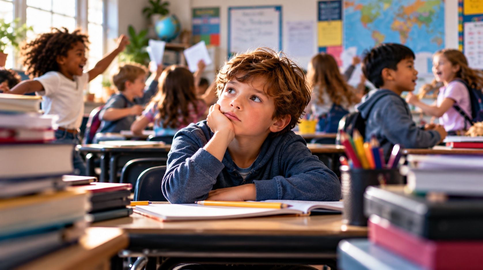 Elementary student appearing thoughtful while classmates participate in a busy classroom