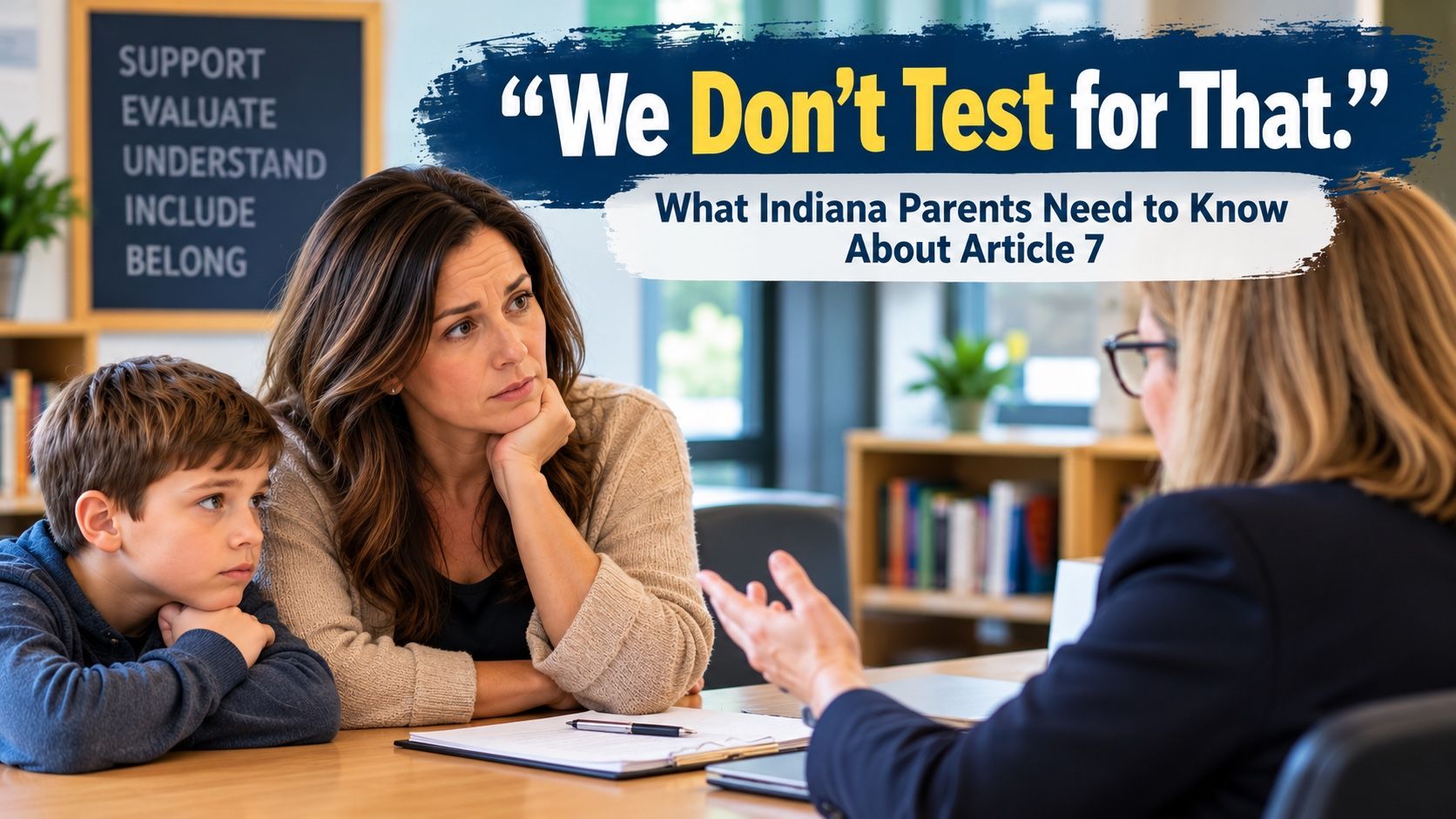 A mother and her son sit across a table from a school staff member, the mother looking doubtful. The headline reads: “We Don’t Test for That.” What Indiana Parents Need to Know About Article 7.