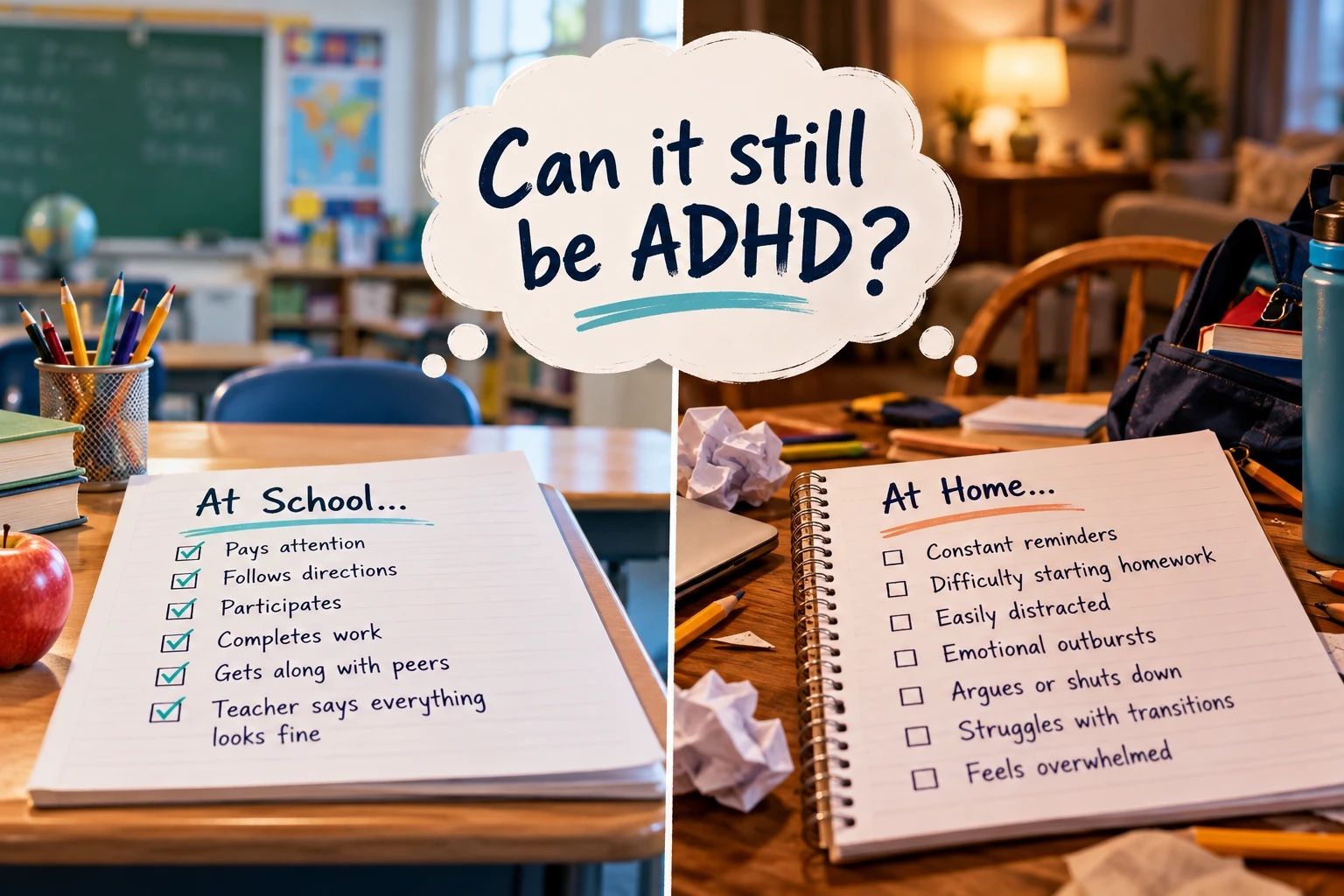 Split image of a school desk and a home kitchen table under a thought bubble asking “Can it still be ADHD?” The school checklist is fully ticked: pays attention, follows directions, participates, completes work, gets along with peers, teacher says everything looks fine. The home checklist is unticked: constant reminders, difficulty starting homework, easily distracted, emotional outbursts, argues or shuts down, struggles with transitions, feels overwhelmed.