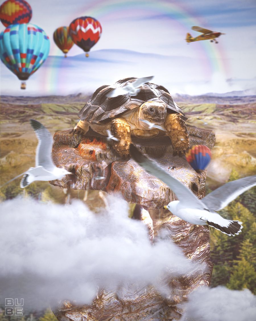 Digital artwork depicting a giant turtle at the edge of a valley. Birds, hot air balloons and airplanes fly around to savor the sight.