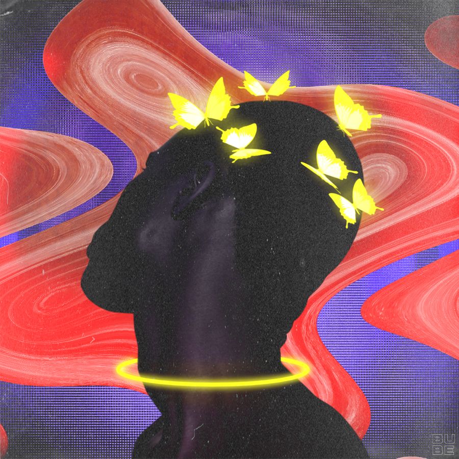Digital artwork with the subject looking away from the view. A glowing golden halo is on his neck and glowing golden butterflies surround his head. 