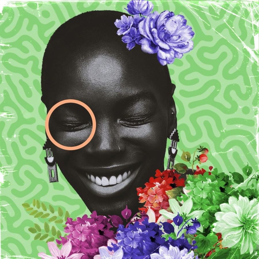 Digital art composition featuring a bald lady in black and white covered by multi-colored flowers on an abstract green background.