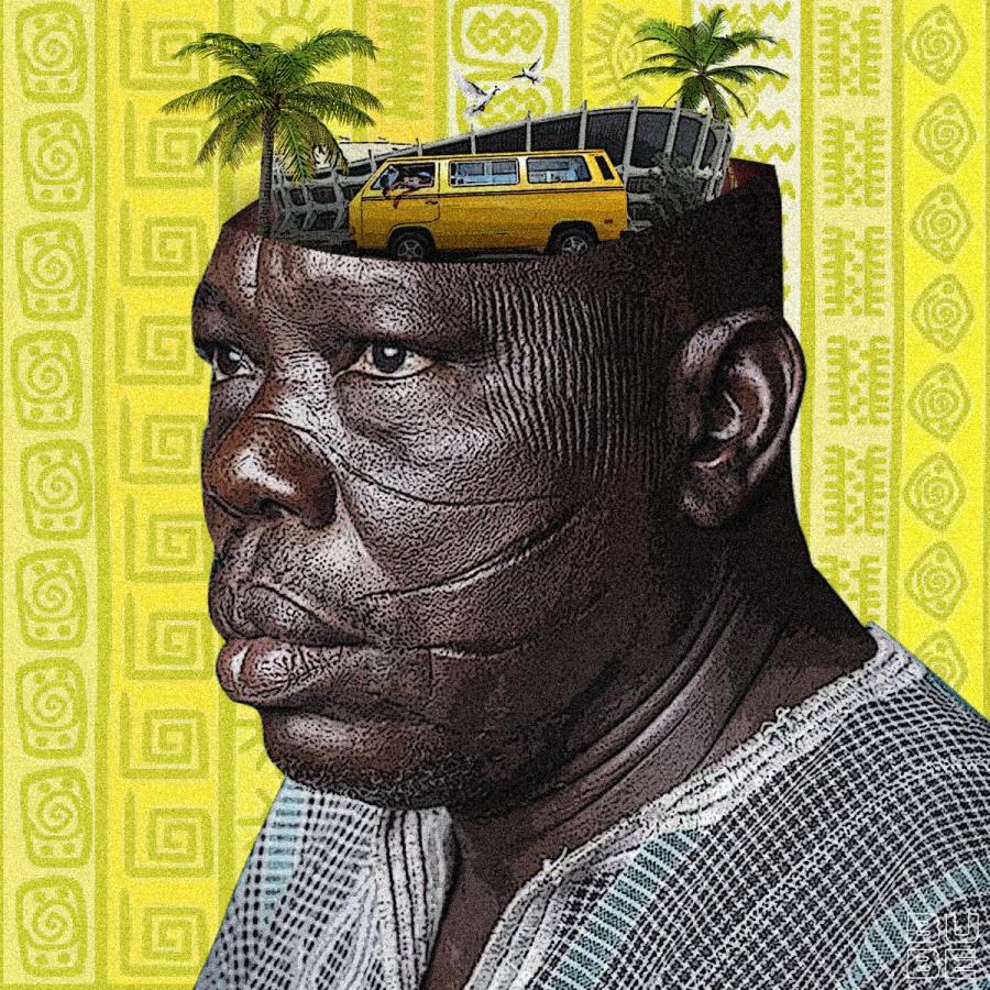 Digital artwork with an elder man with tribal marks. His skull is cut open with a danfo bus and the national theatre and palm trees composed inside. The background is yellow infused with african textile prints