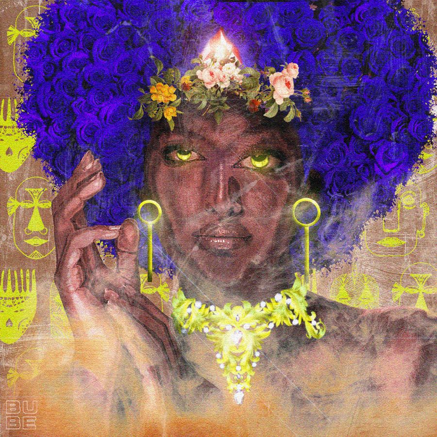 Digital art composition of a queen with flowers for her afro hair and gold glowing jewellery.