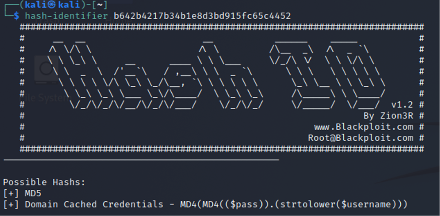 hash-identifier output naming MD5 as the most likely hash type