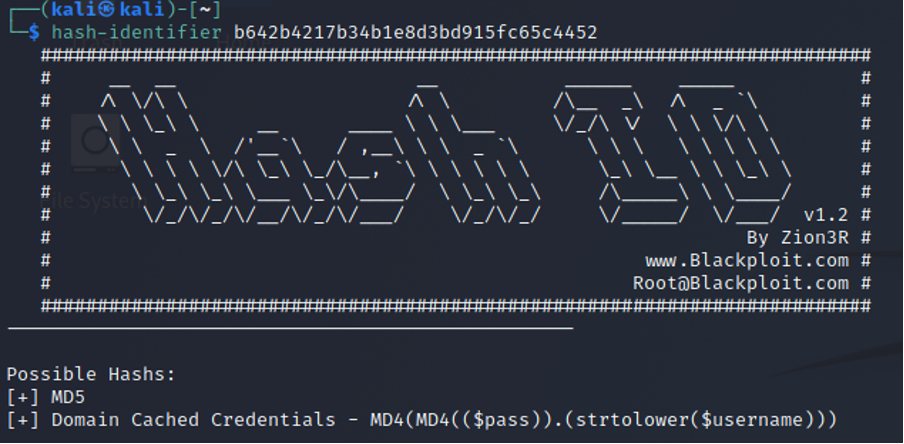 hash-identifier output naming MD5 as the most likely hash type