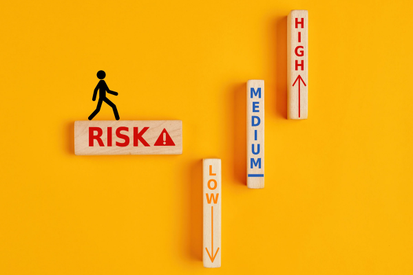 Wooden blocks reading risk, low, medium, and high