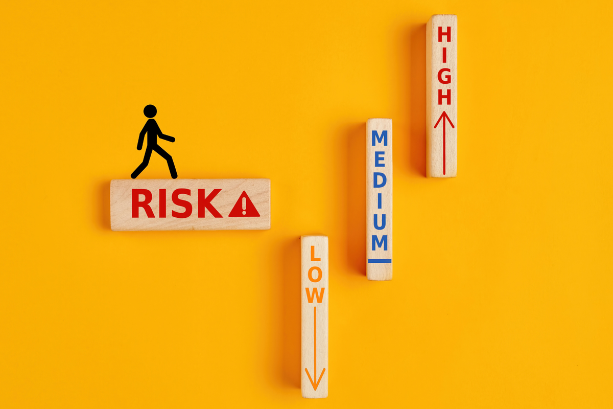 Wooden blocks reading risk, low, medium, and high