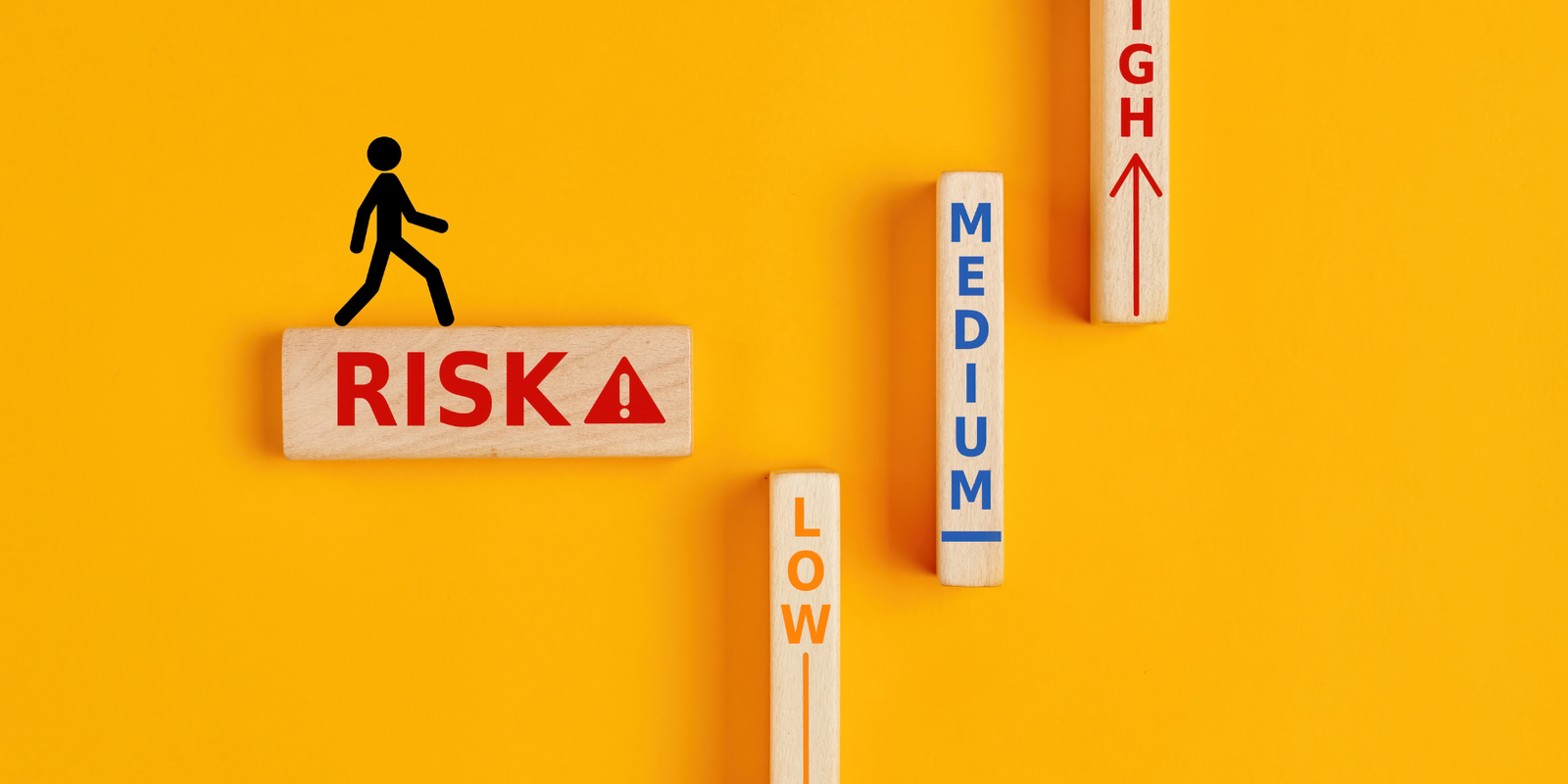 Wooden blocks reading risk, low, medium, and high