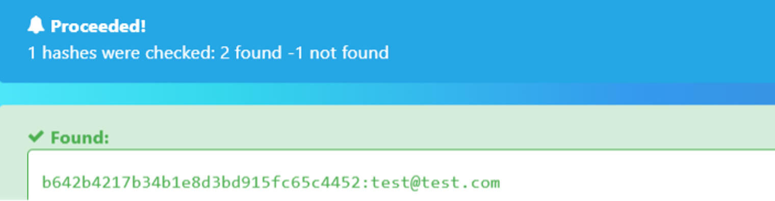 A hash lookup site matching the hash to the email address test@test.com