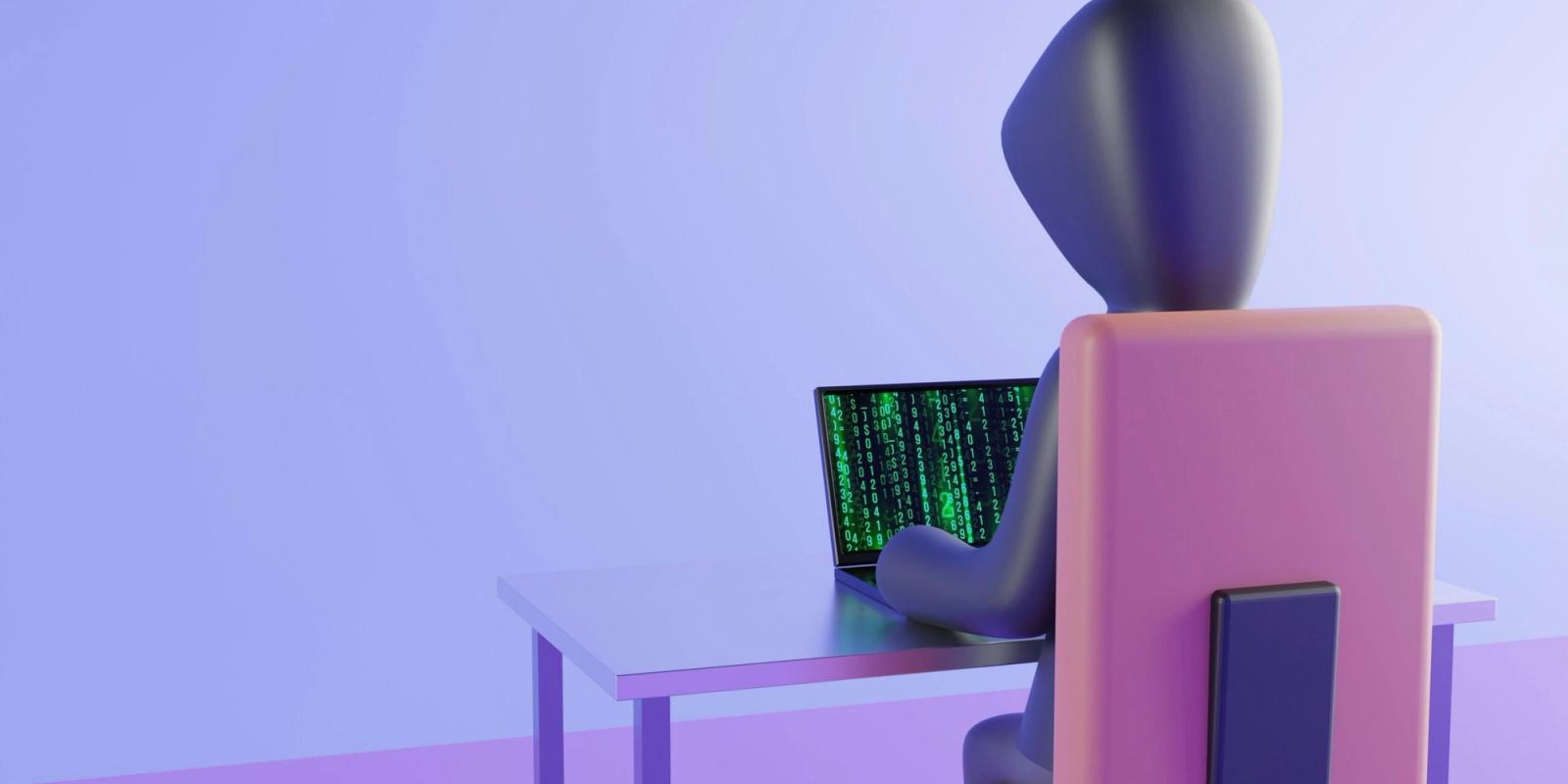 Illustration of a hooded figure at a laptop showing green code