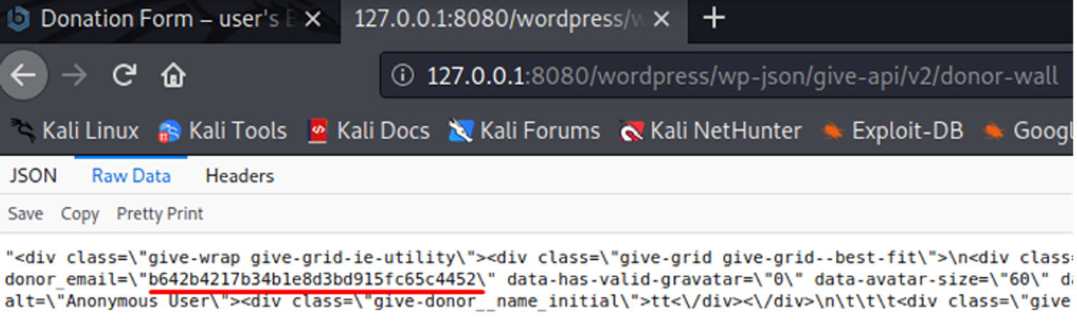 The same response with the data-donor_email value highlighted, a string that looks like a hash