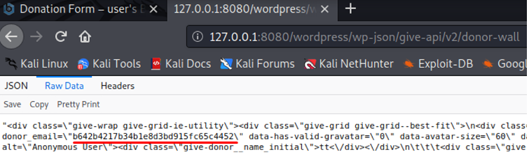 The same response with the data-donor_email value highlighted, a string that looks like a hash