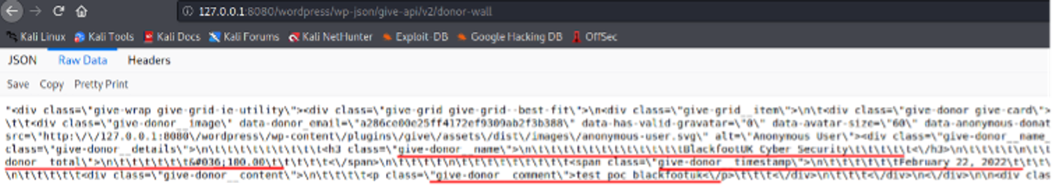 Raw response from the donor-wall endpoint, showing a donor's name, donation total, timestamp, and comment