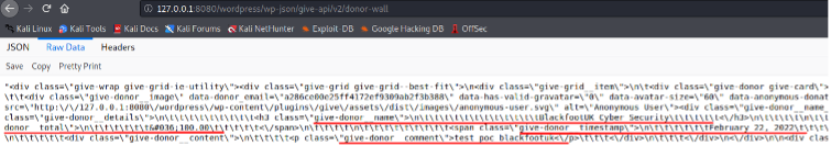 Raw response from the donor-wall endpoint, showing a donor's name, donation total, timestamp, and comment