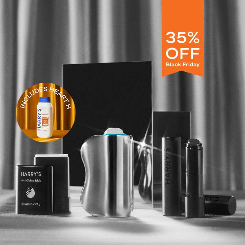 Collection of black friday face care products and Hearth body wash shown against gray setting with orange banner for 35% off