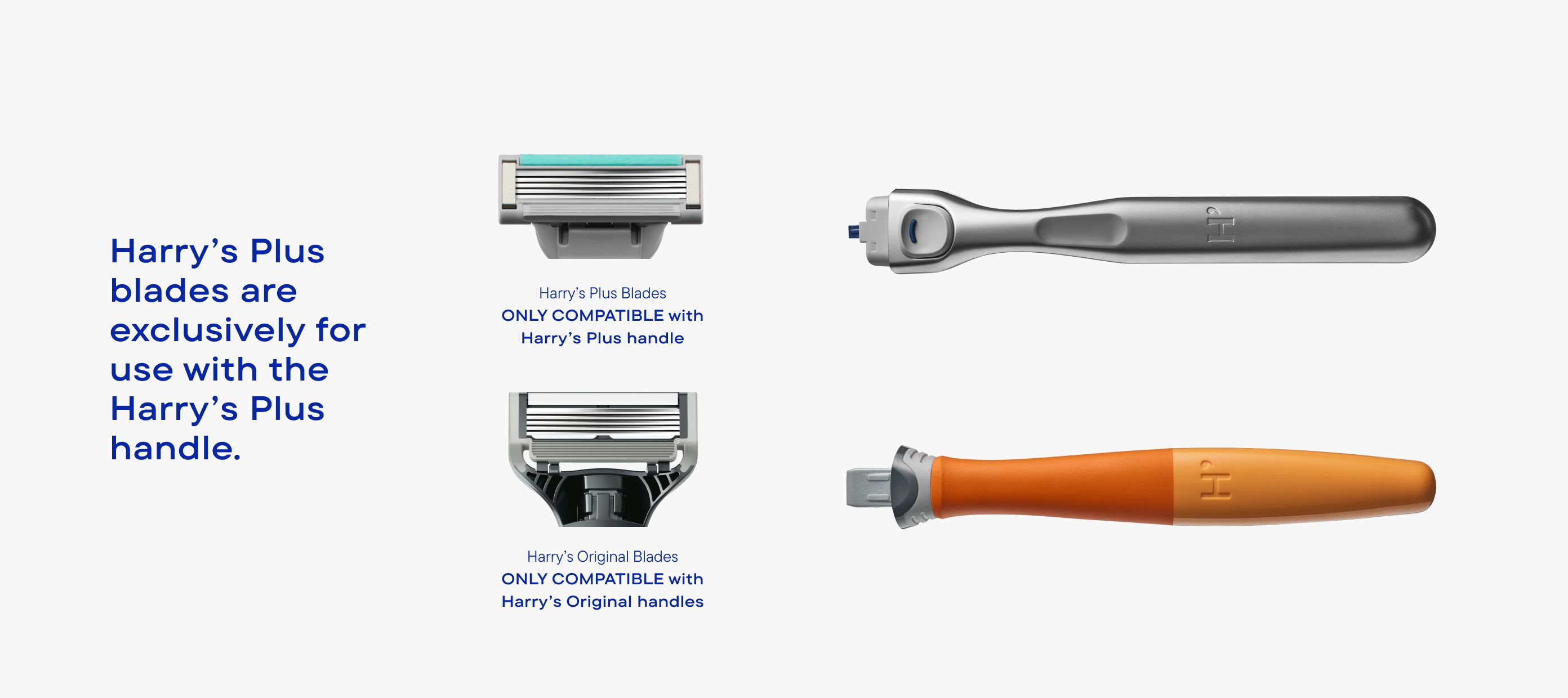 Two razors with text indicating different compatibility for Harry's Plus and Original handles.