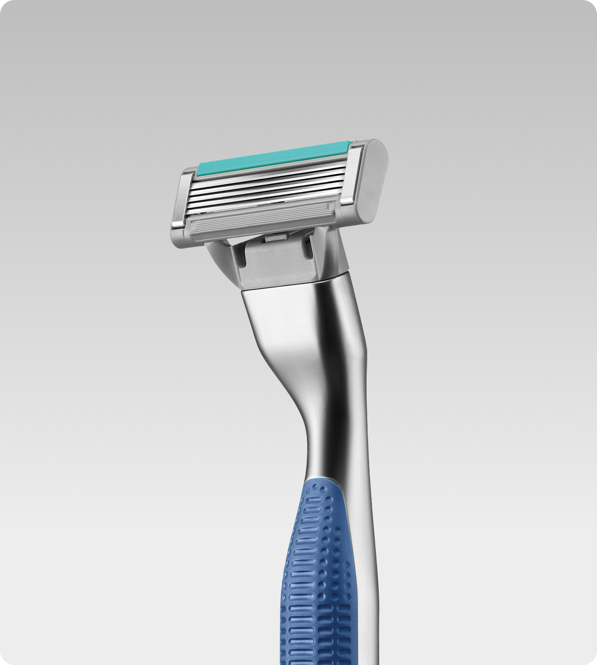 Silver and Blue Razor against grey gradient background