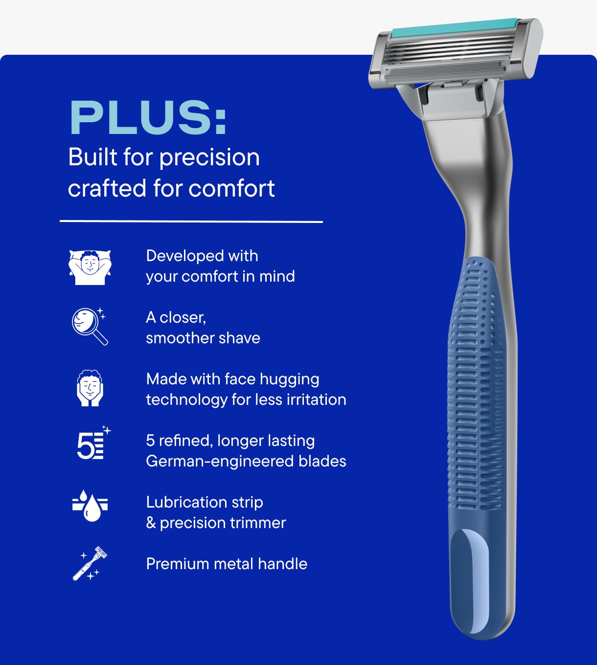 Harry's Plus razor handle and blade cartridge with text describing shaving benefits set against a blue background