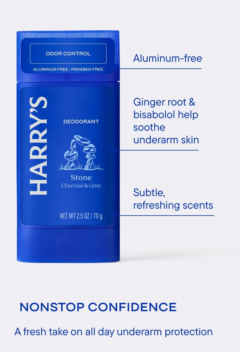 Blue Harry’s deodorant on a light gray background; on-image text notes it’s aluminum-free and contains ginger root and bisabolol to soothe underarm skin.