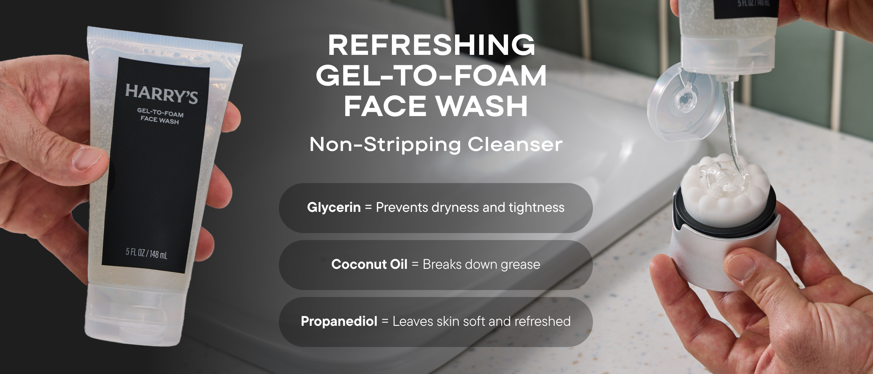 Give descriptions of the ingredients and what they are used for, found in Hydrating Gel-to-foam wash, including Glycerin for preventing dryness, CoConut oil to break down grease, and Propanediol to leave skin soft and refreshed