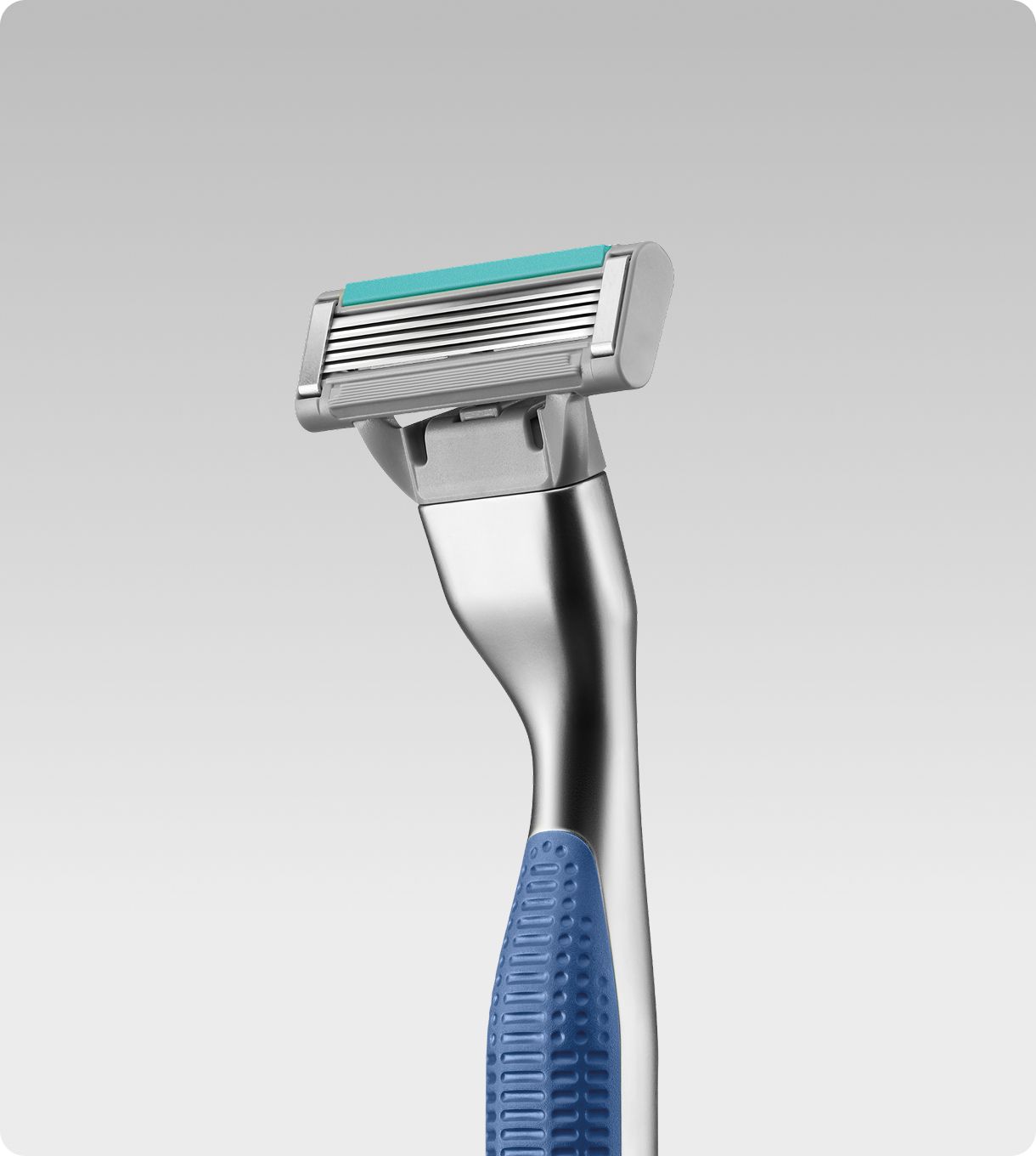 Silver and Blue Razor against grey gradient background